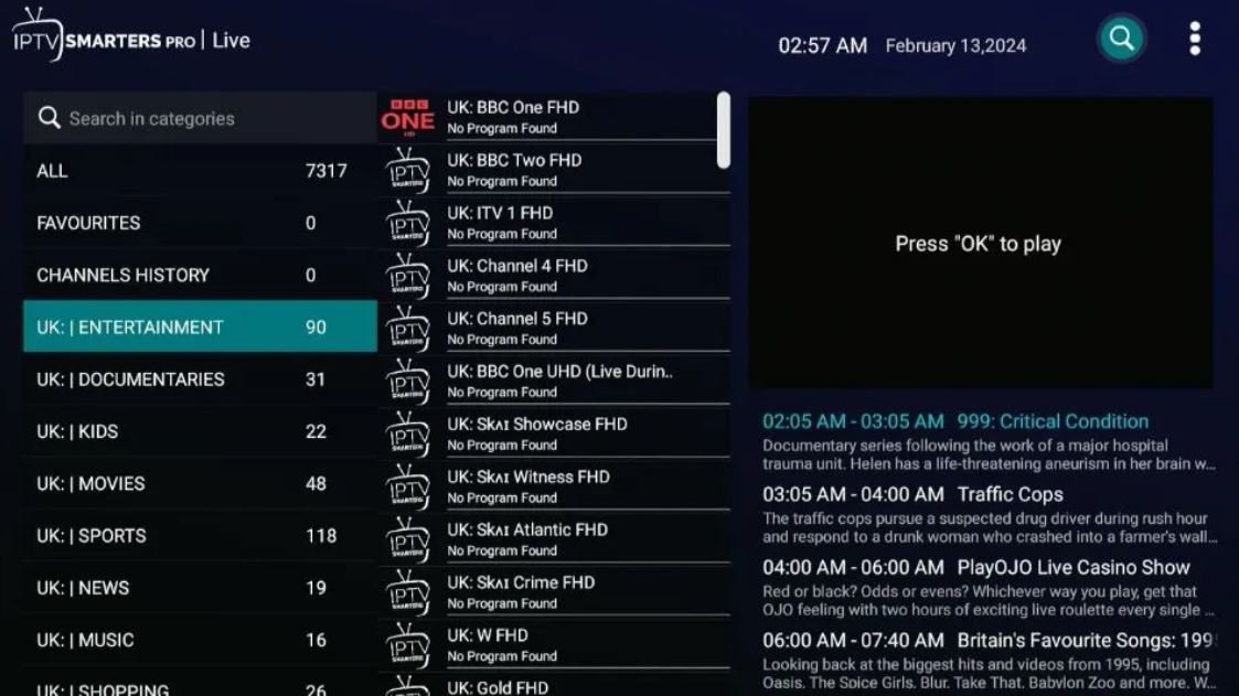 Catalogue de chaînes Adult IPTV chargé dans IPTV Smarters Pro
