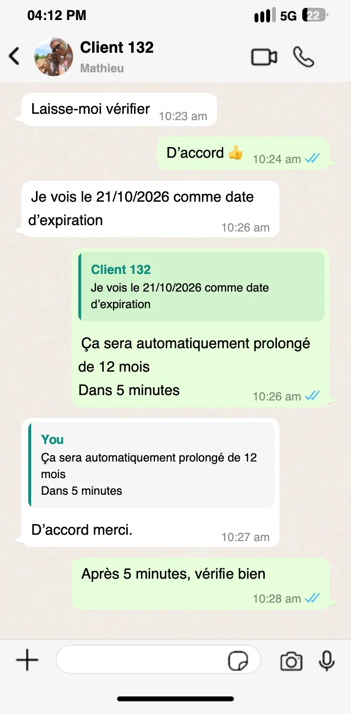 Message de satisfaction client WhatsApp sur adulte iptv