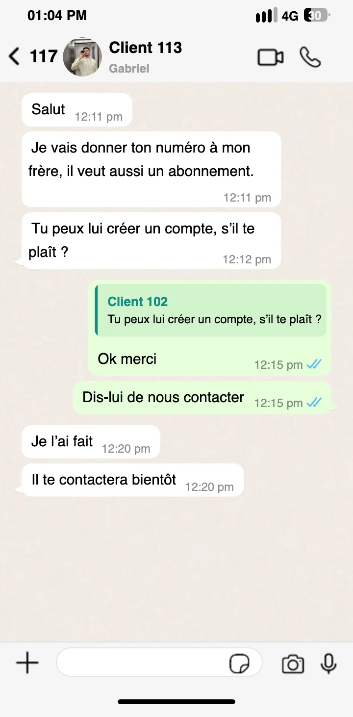 Screen WhatsApp client assisté pour l'activation de adult iptv